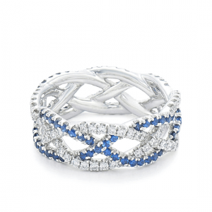 Плетеное кольцо с бриллиантами и сапфирами