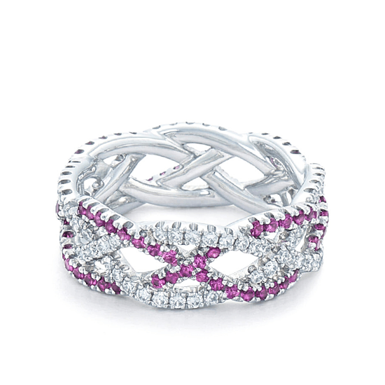 Плетеное кольцо с бриллиантами и розовыми сапфирами, Больше Изображение 1