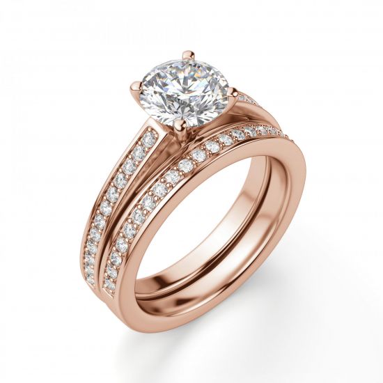 Кольцо из розового золота с бриллиантом и дорожкой,  Больше Изображение 4