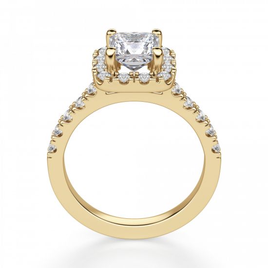 Золотое кольцо с бриллиантом Принцесса в ореоле,  Больше Изображение 2