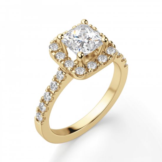 Золотое кольцо с бриллиантом Принцесса в ореоле,  Больше Изображение 3
