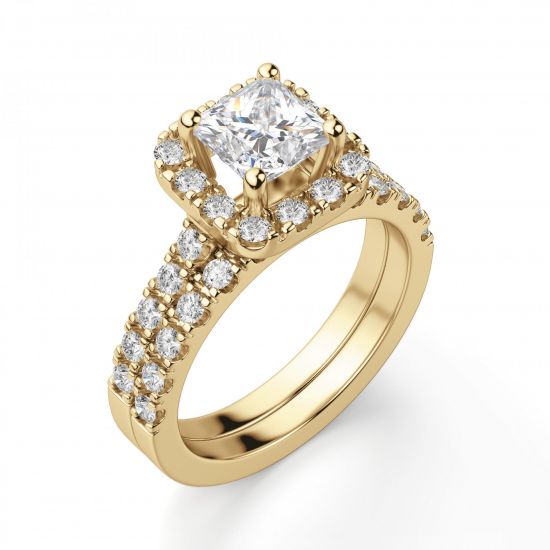 Золотое кольцо с бриллиантом Принцесса в ореоле,  Больше Изображение 4