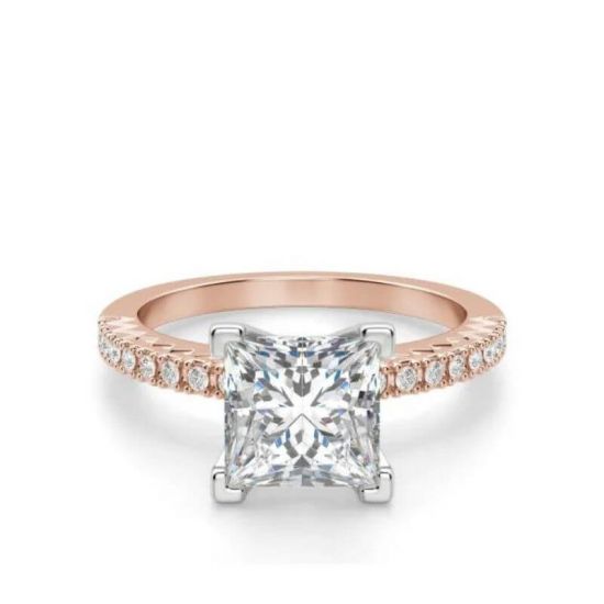 Кольцо из розового золота с бриллиантом Принцесса и дорожкой, Больше Изображение 1