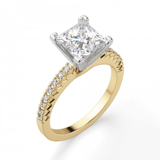 Кольцо из золота с бриллиантом Принцесса и дорожкой,  Больше Изображение 4