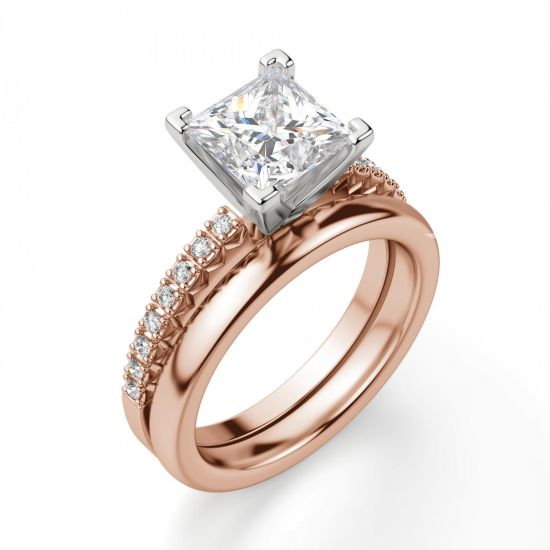 Кольцо из розового золота с бриллиантом Принцесса и дорожкой,  Больше Изображение 5