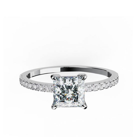 Золотое кольцо с бриллиантом Принцесса 1 карат и дорожкой , Больше Изображение 1