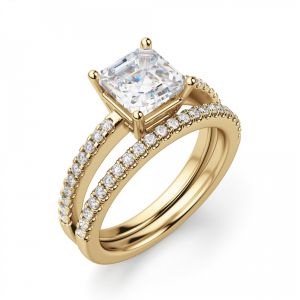 Золотое кольцо с бриллиантом Принцесса и дорожкой - Фото 1