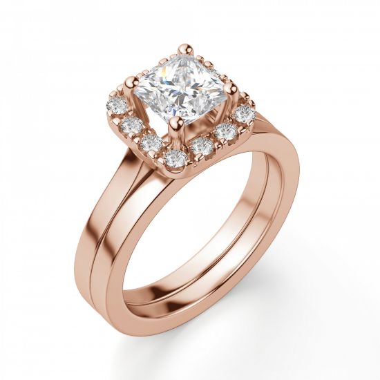 Кольцо из розового золота с бриллиантом Принцесса в ореоле,  Больше Изображение 4