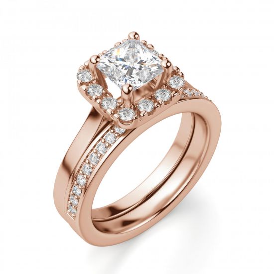 Кольцо из розового золота с бриллиантом Принцесса в ореоле,  Больше Изображение 6