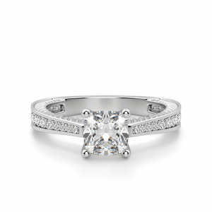Помолвочное кольцо с бриллианто Кушон и дорожкой по бокам