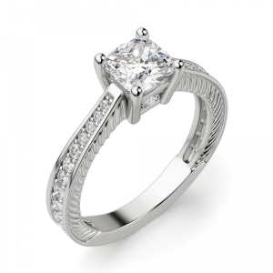 Помолвочное кольцо с бриллианто Кушон и дорожкой по бокам - Фото 2