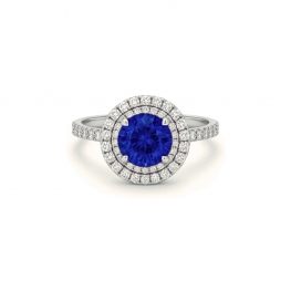 Кольцо с круглым сапфиром в двойном ореоле