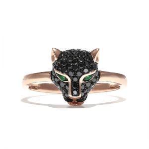 Кольцо Пантера с черными бриллиантами и изумрудами из розового золота