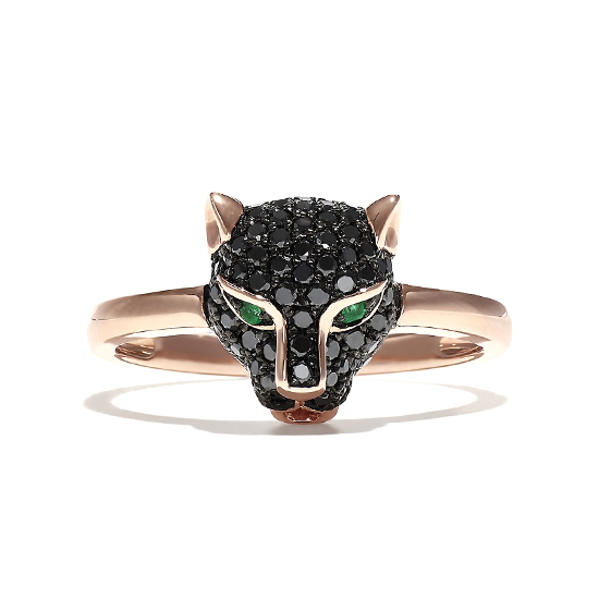 Кольцо Пантера с черными бриллиантами и изумрудами из розового золота, Больше Изображение 1