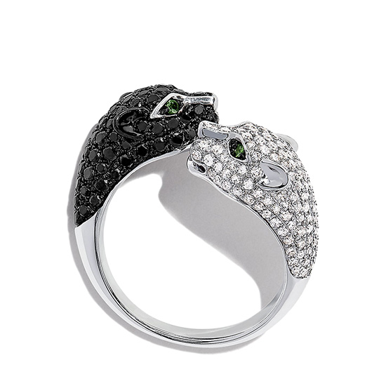 Кольцо с черными и белыми бриллиантами Кошки, Больше Изображение 1
