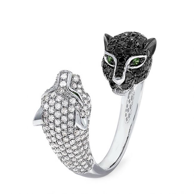 Кольцо с черными и белыми бриллиантами Кошки - Фото 1