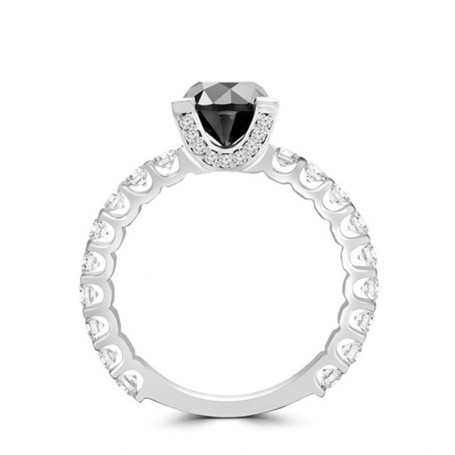 Кольцо с круглым черным бриллиантом и белыми бриллиантами по бокам - Фото 2