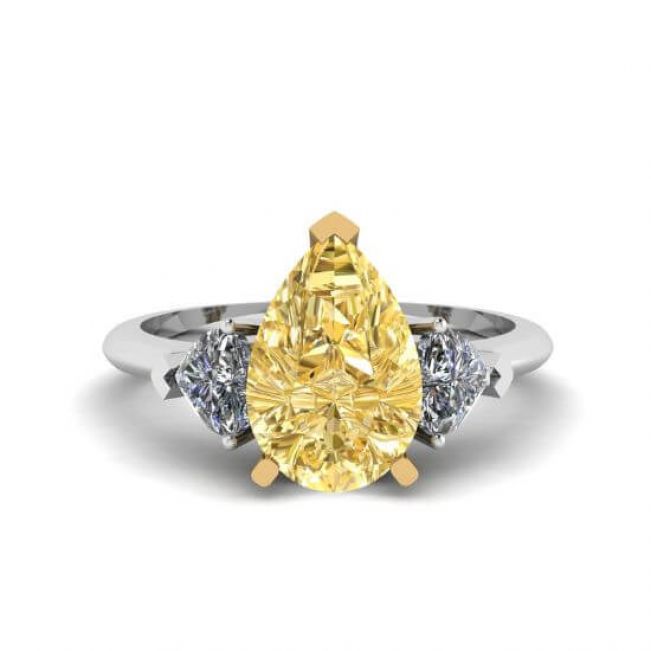 Кольцо с желтым бриллиантом Груша и сердечками по бокам