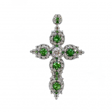 Крестик с бриллиантами и цаворитами в винтажном стиле