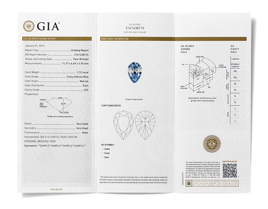 Образец сертификата GIA на цветной бриллиант - ювелирный магазин PIERRE