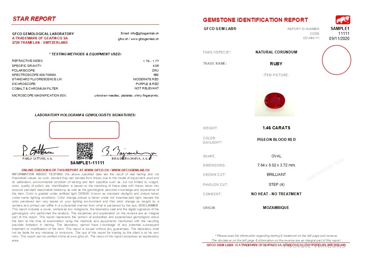 Сертификат на рубин от лаборатории GFCO - ювелирный магазин PIERRE
