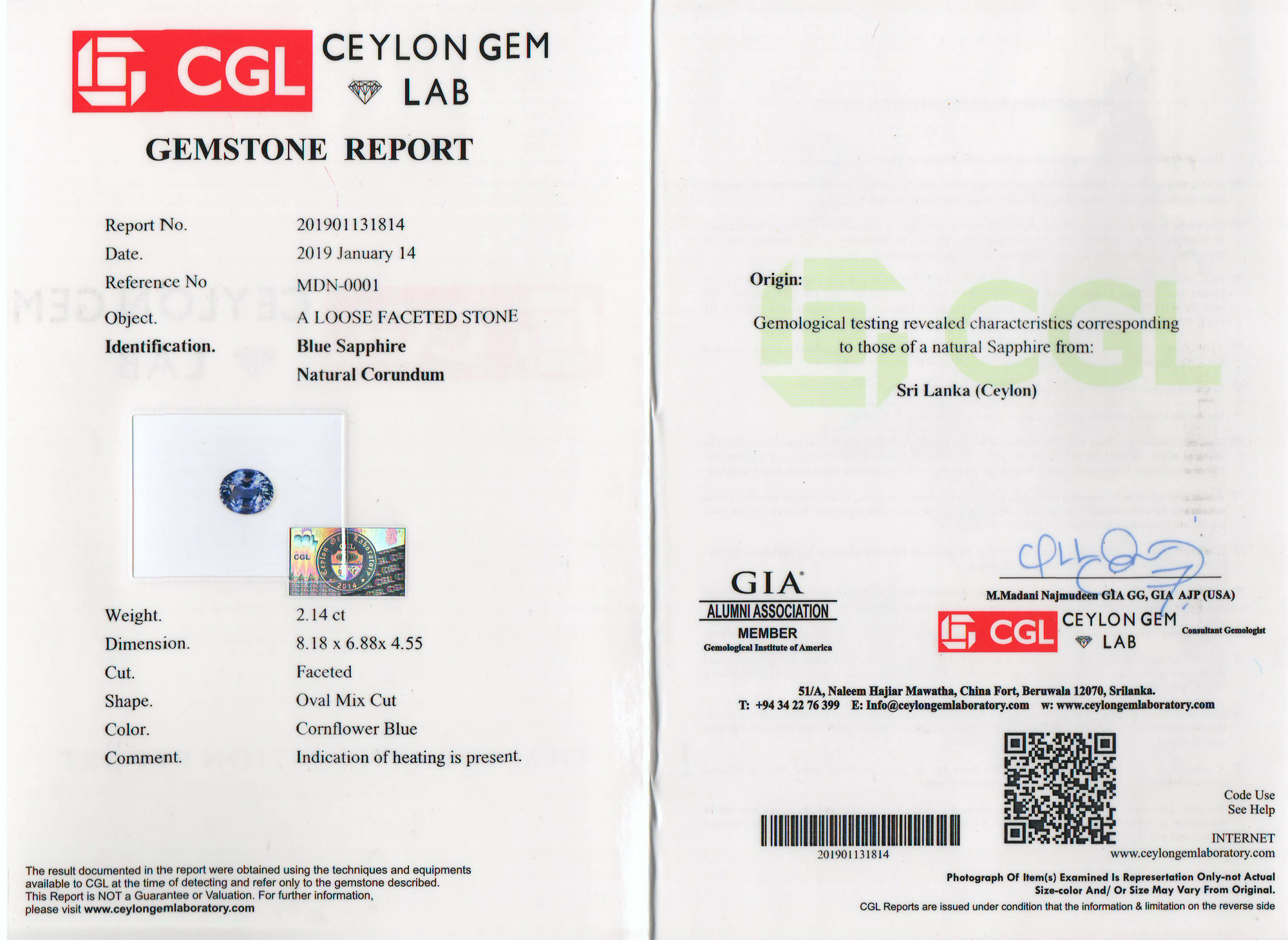 Образец сертификата на сапфир от лаборатории СGL - ювелирный магазин PIERRE
